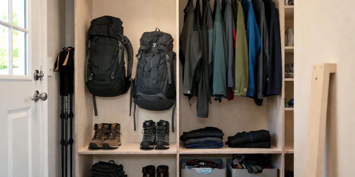 Organized closet with hiking backpacks, jackets, boots and outdoor gear.