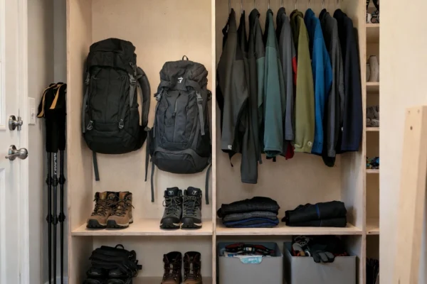 Organized closet with hiking backpacks, jackets, boots and outdoor gear.