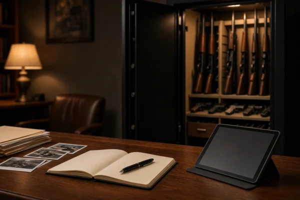 Study desk with notebook and tablet, open gun safe with rifles in background