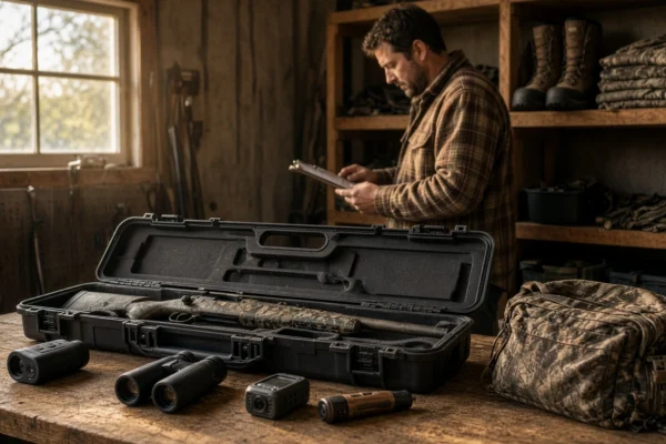 Hunter reviewing clipboard beside open rifle case, binoculars and camo gear