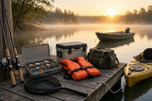 Fishing gear laid out on a dock in three groups for shore, kayak, and boat trips, including rods, tackle boxes, a life jacket, and a cooler