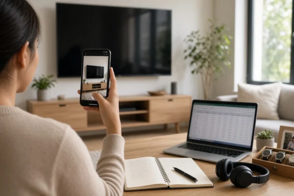 Person photographing a living room TV with a smartphone to add it to a home inventory app, with a paper checklist and laptop spreadsheet on the coffee table